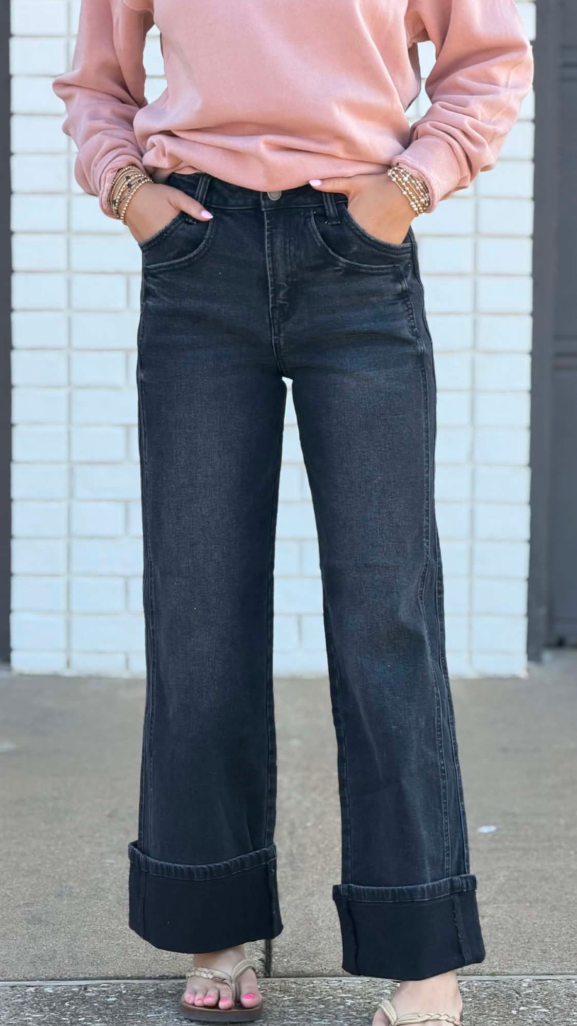 Vervet Kris Super High Rise Cuffed Baggy Wide Leg Jean T6515 Black