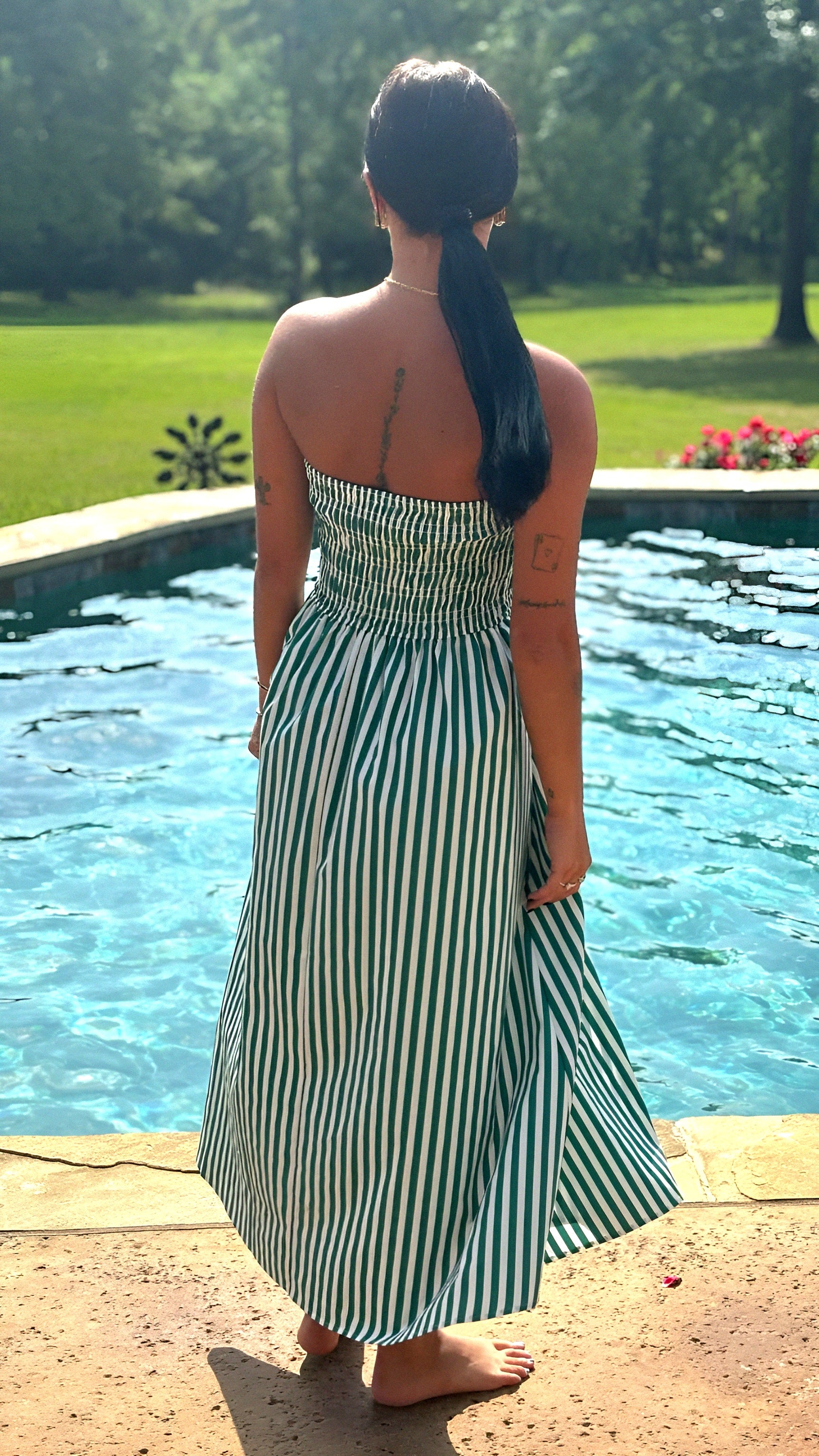 Stripe Strapless Smocked Maxi Sundress