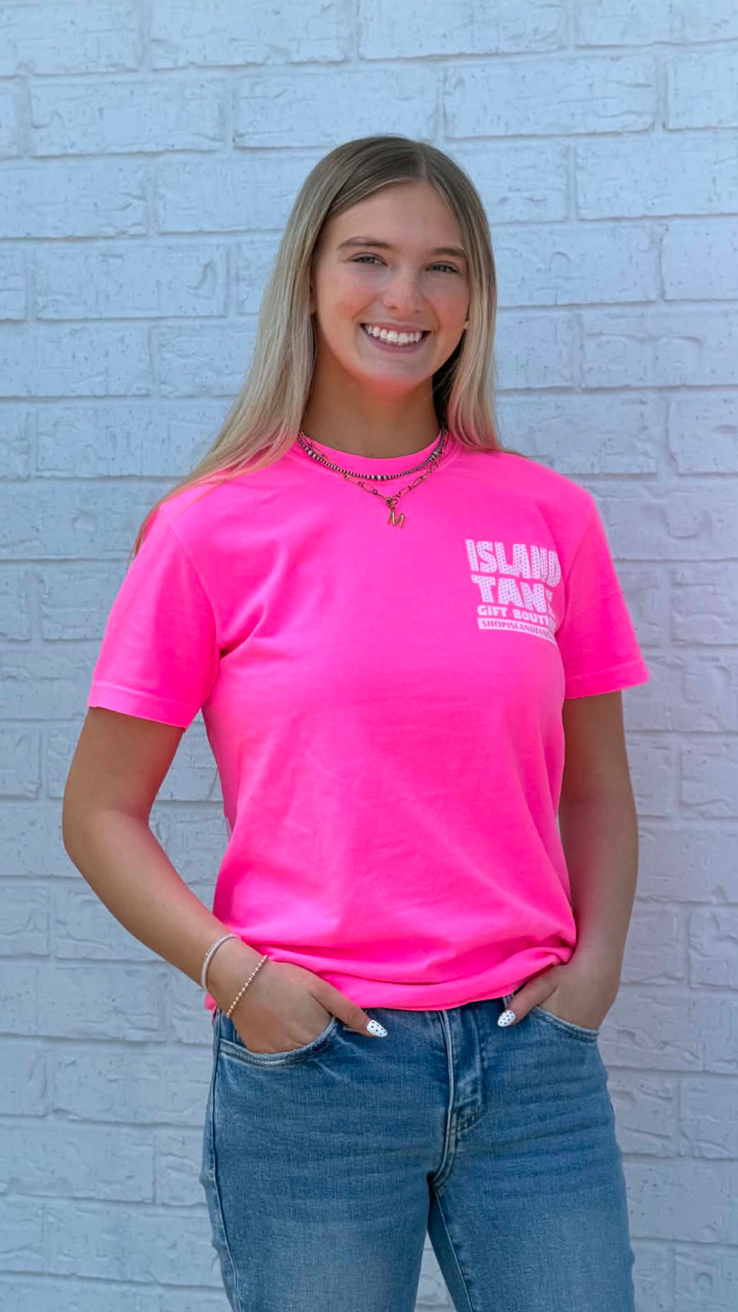 Island Tans Logo Tee- Hot Pink with White (Polka Dots)