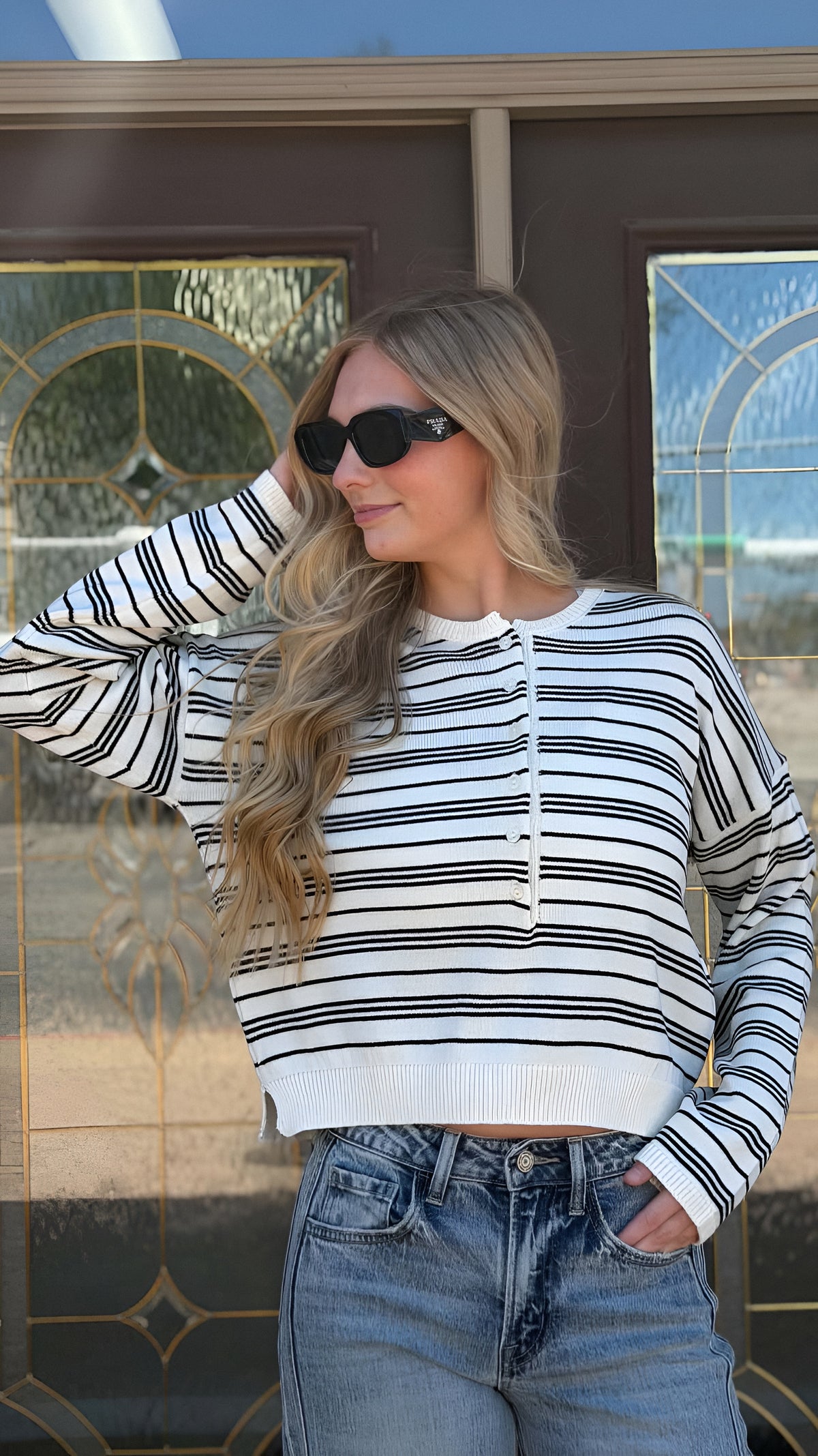 Harbor Stripe Henley Sweater Top in 2 Colors