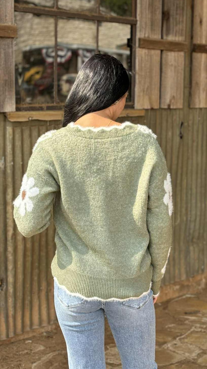 Jacquard Flower V-Neck Sweater