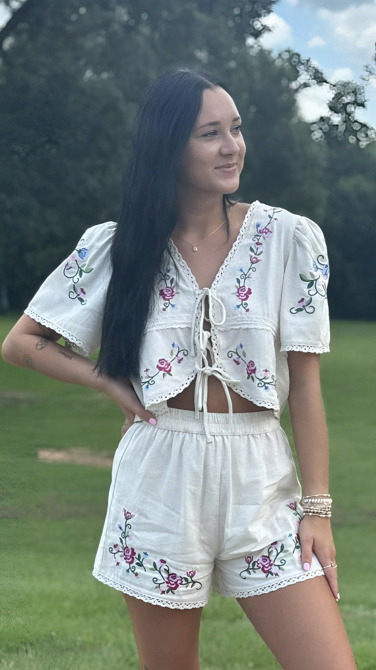 Floral Embroidery Dropped Blouse and Short Set