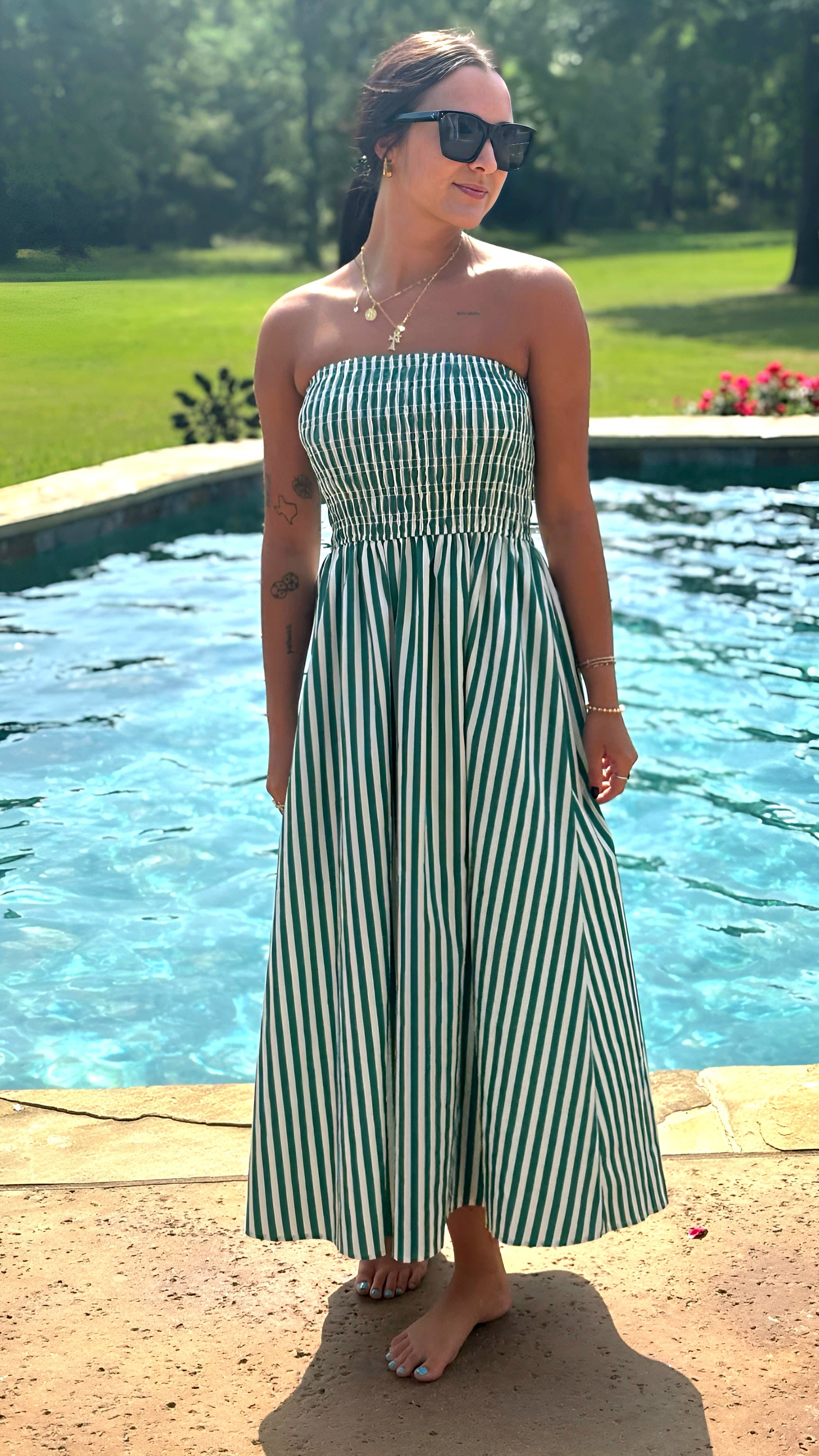 Stripe Strapless Smocked Maxi Sundress