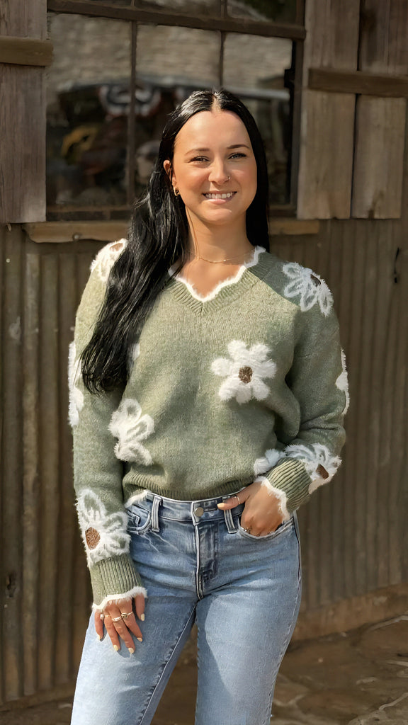 Jacquard Flower V-Neck Sweater - Island Tans Gift Boutique