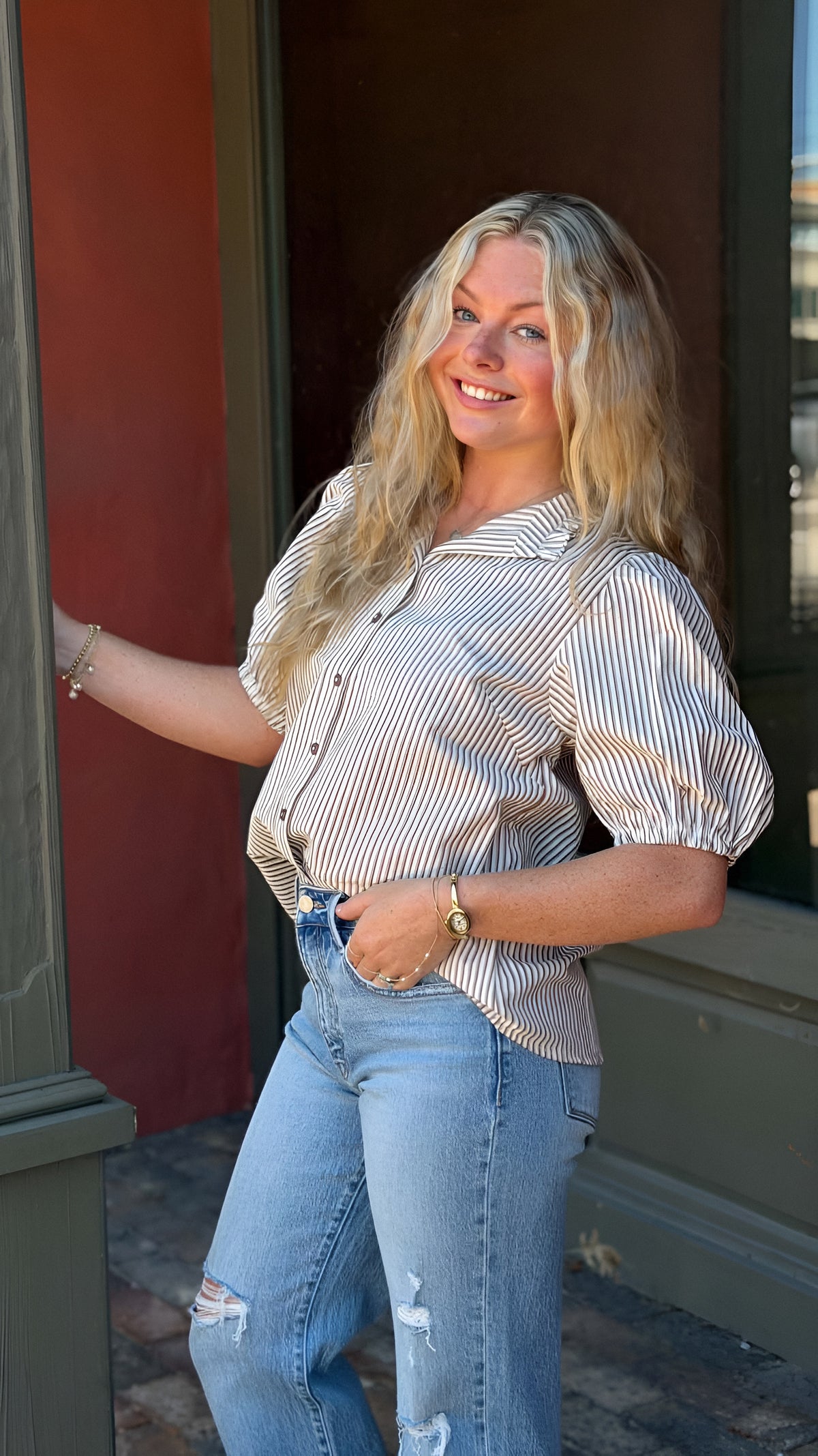 Autumn Charm Striped Ruffle Neck Button Down Top