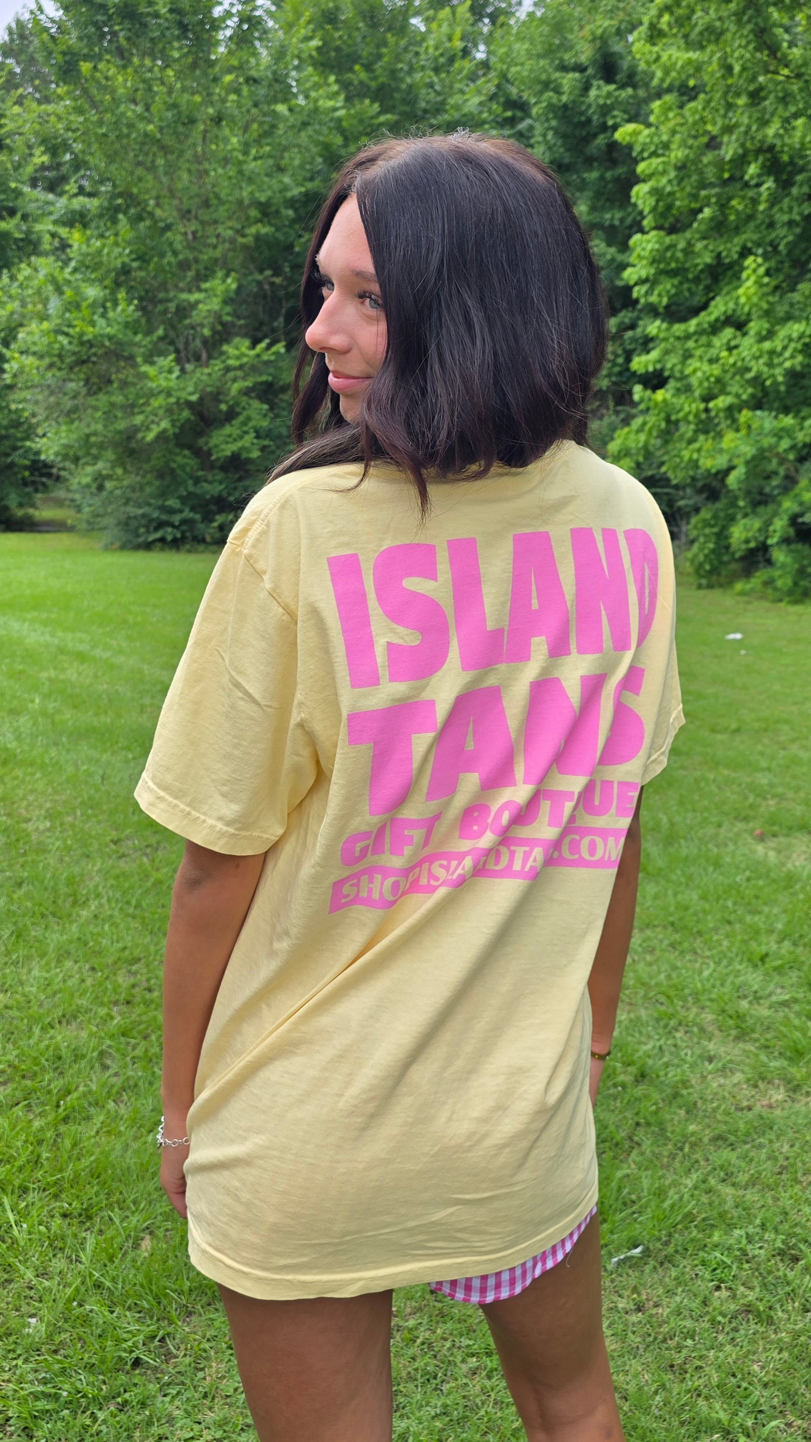 Island Tans Logo Tee- Butter Yellow with Pink