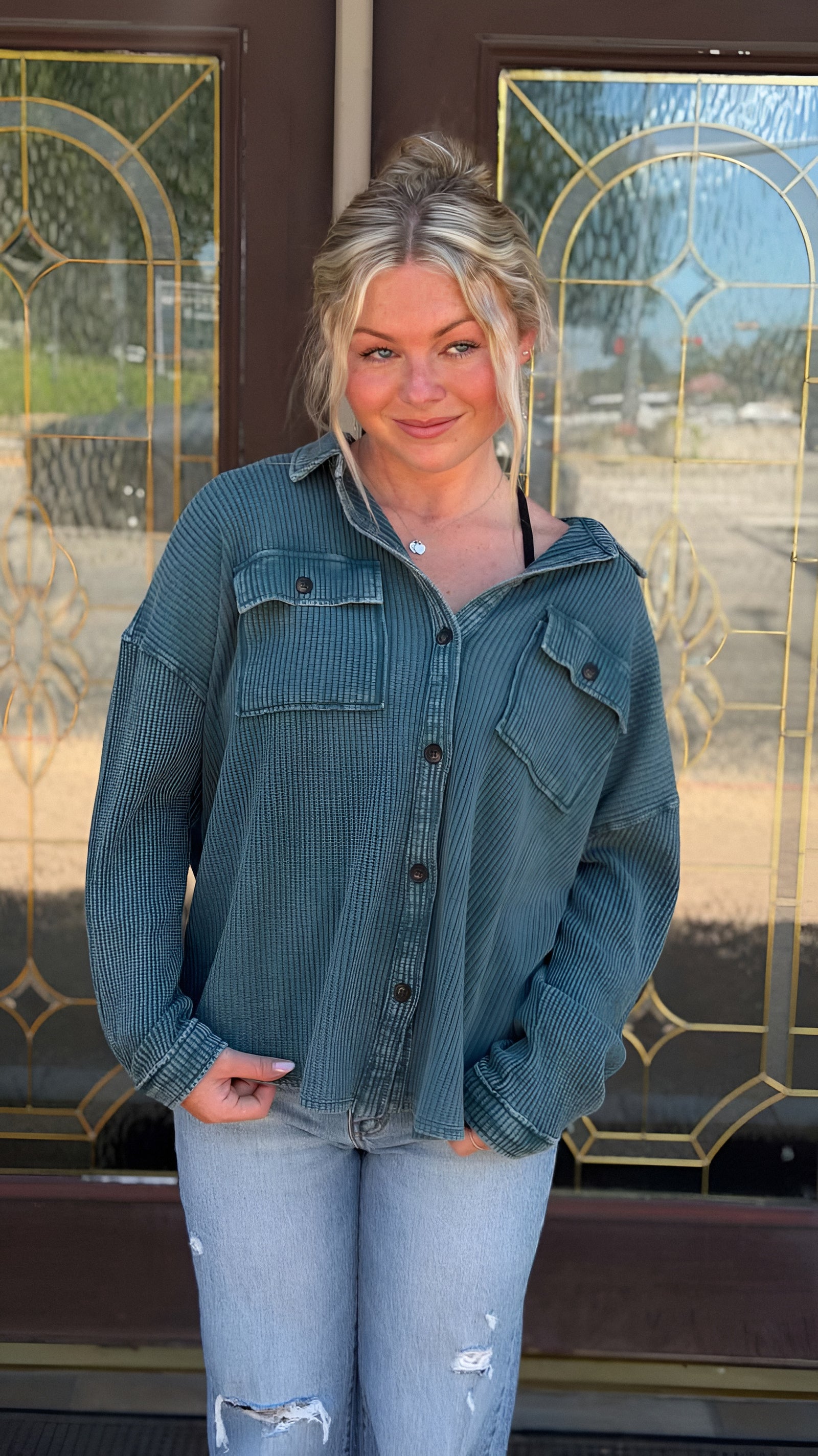 Weekend Wanderer Mineral Wash Waffle Knit Shacket in 2 Colors