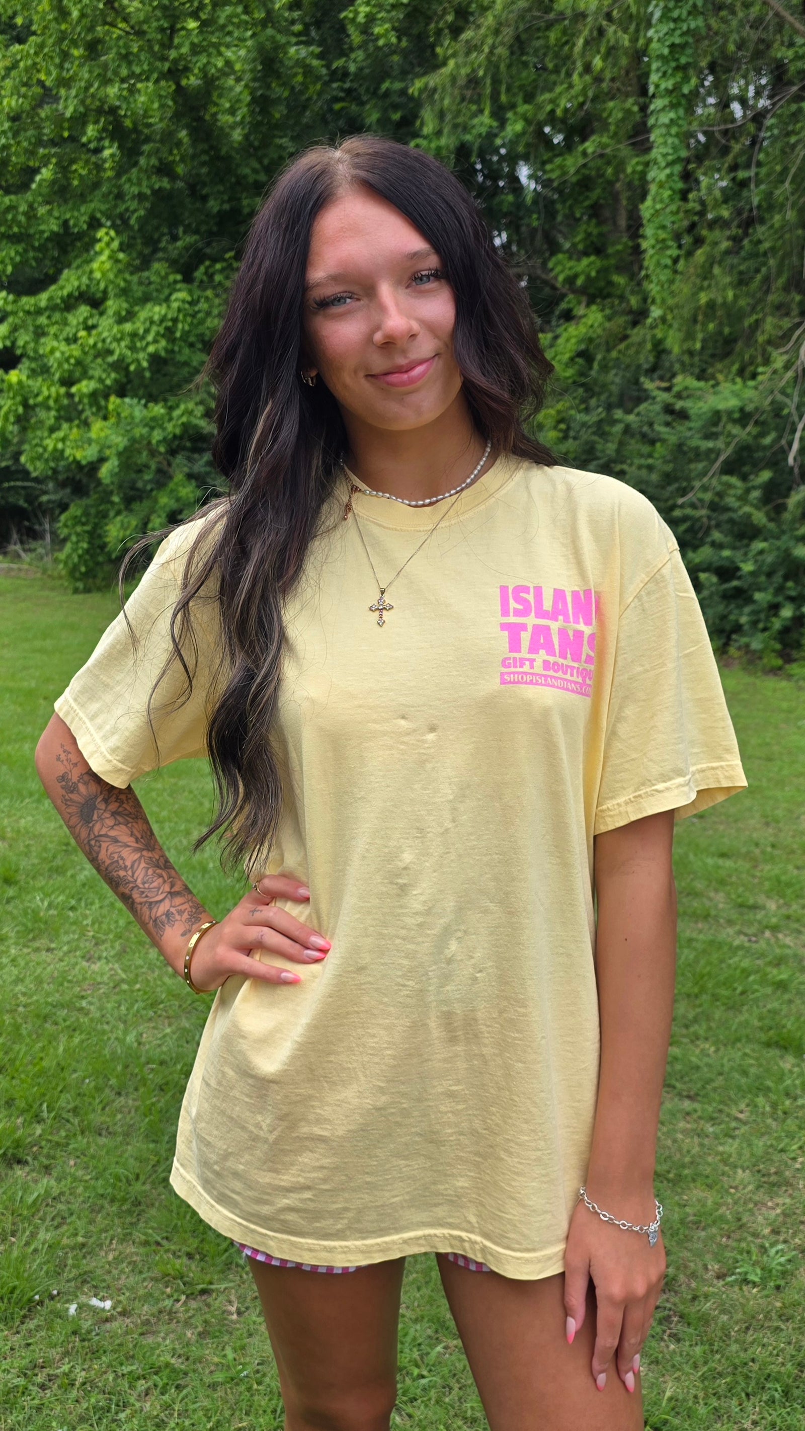Island Tans Logo Tee- Butter Yellow with Pink