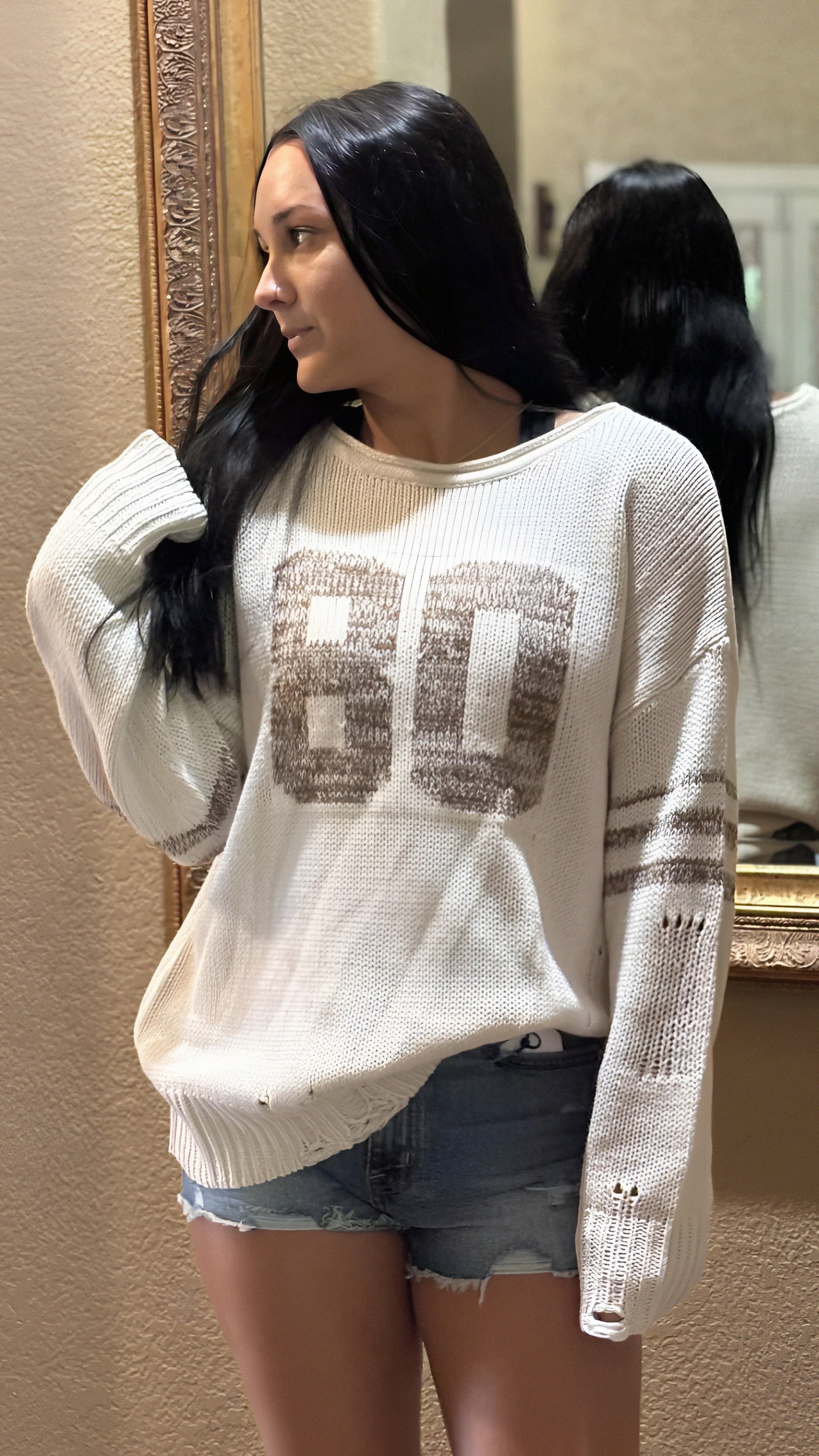 Varsity Knit Distressed Long Sleeve Top