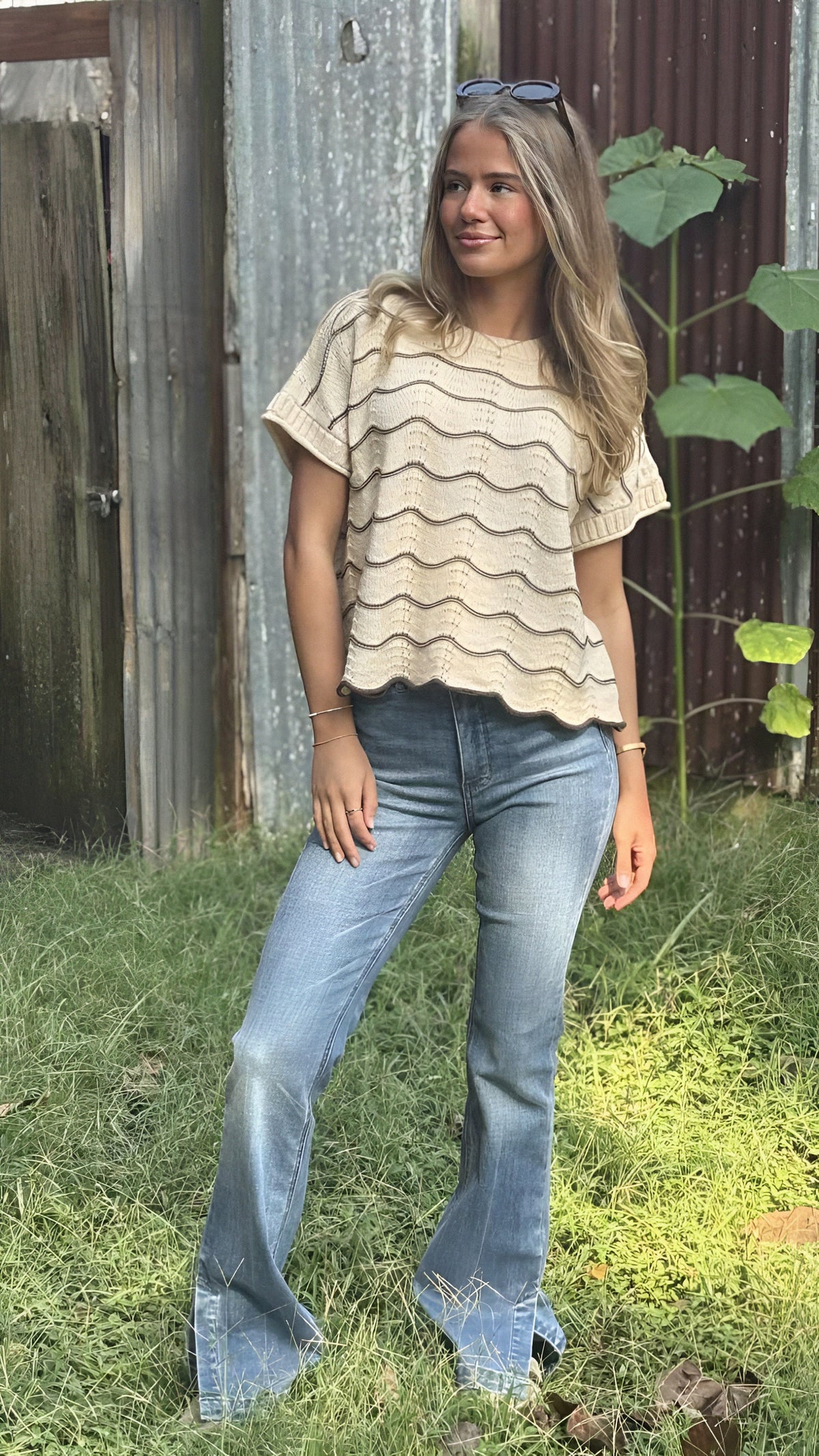 Short Sleeve Scallop Trimmed Striped Sweater in 2 Colors