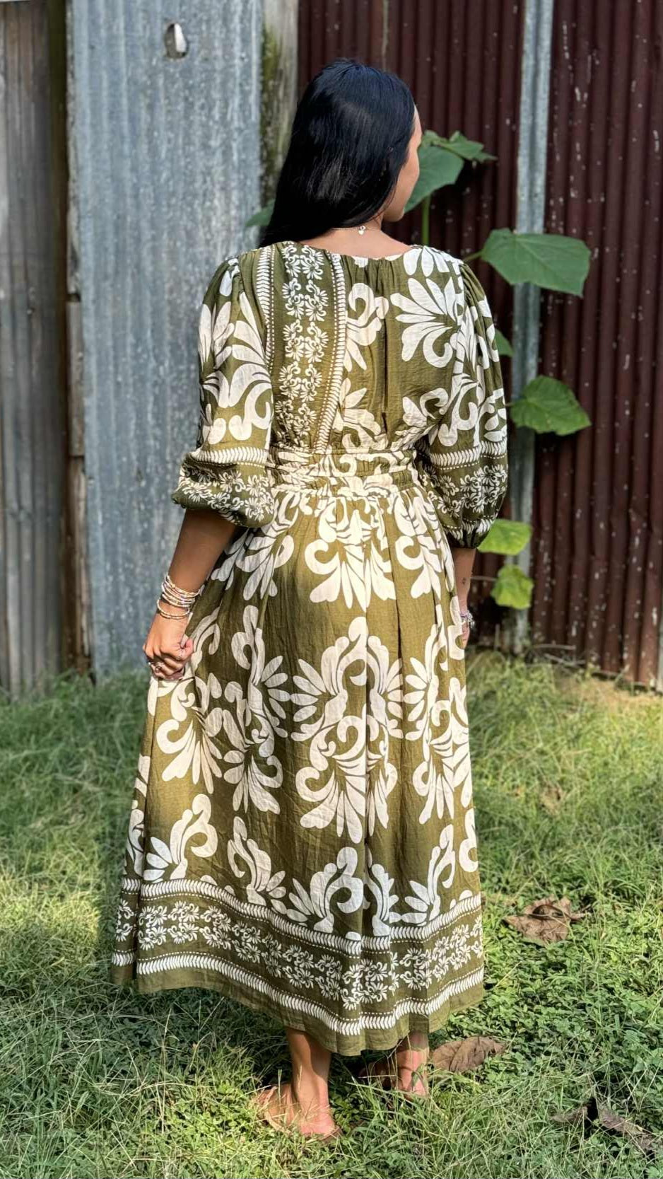 Olive Woven Midi Dress With Pockets