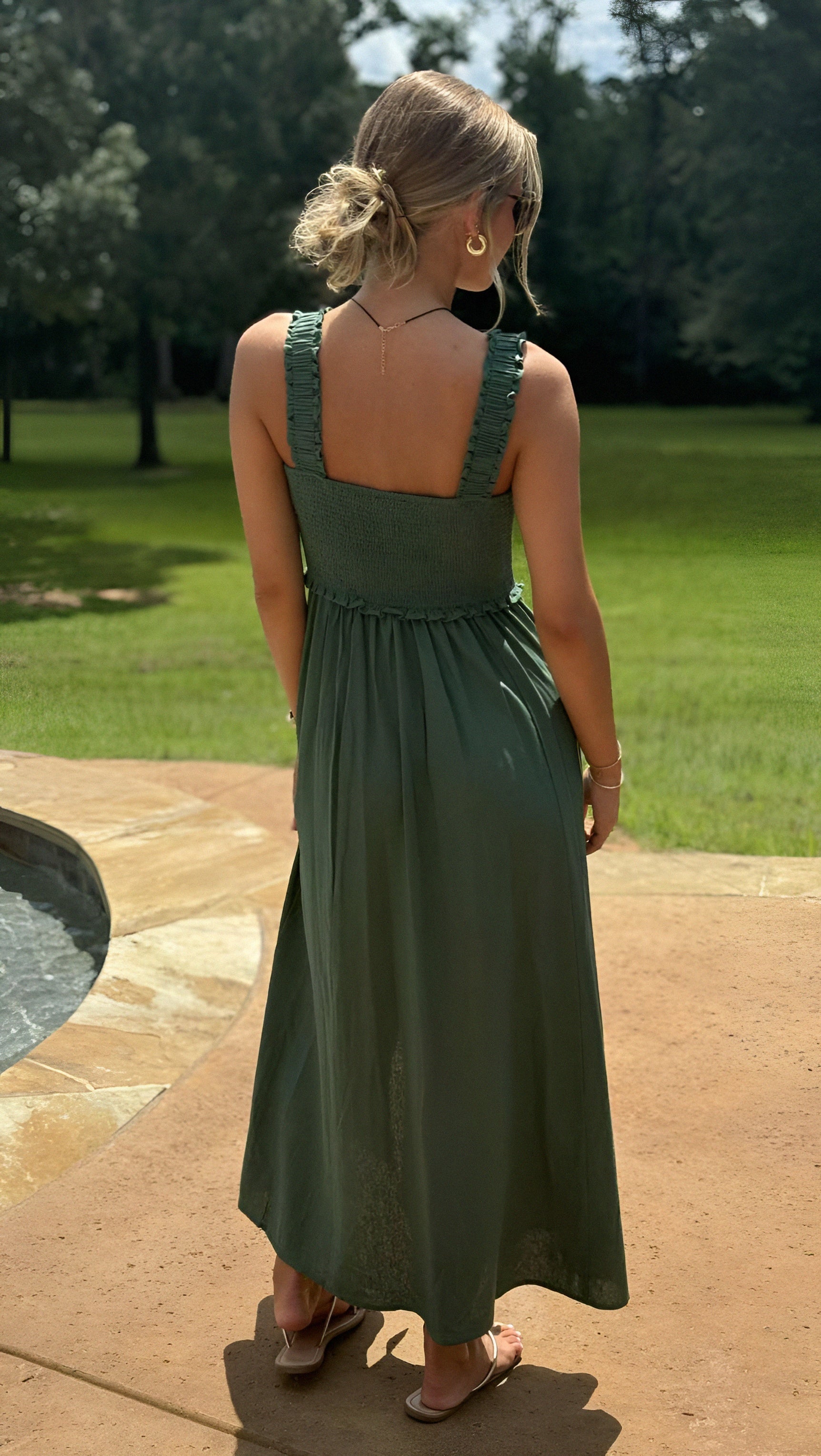 Smocked Sleeveless Button Down Midi Dress