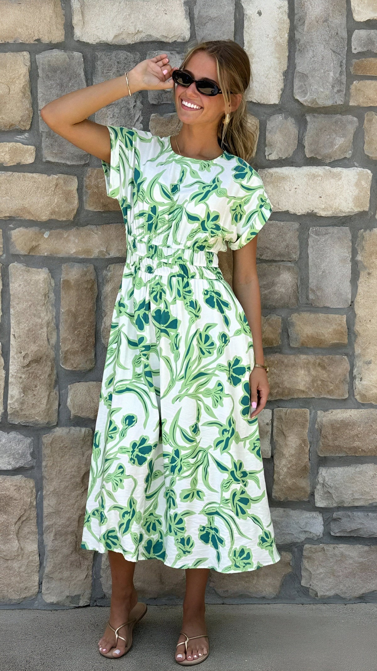 Drop Shoulder Floral Print Midi Dress with Pockets